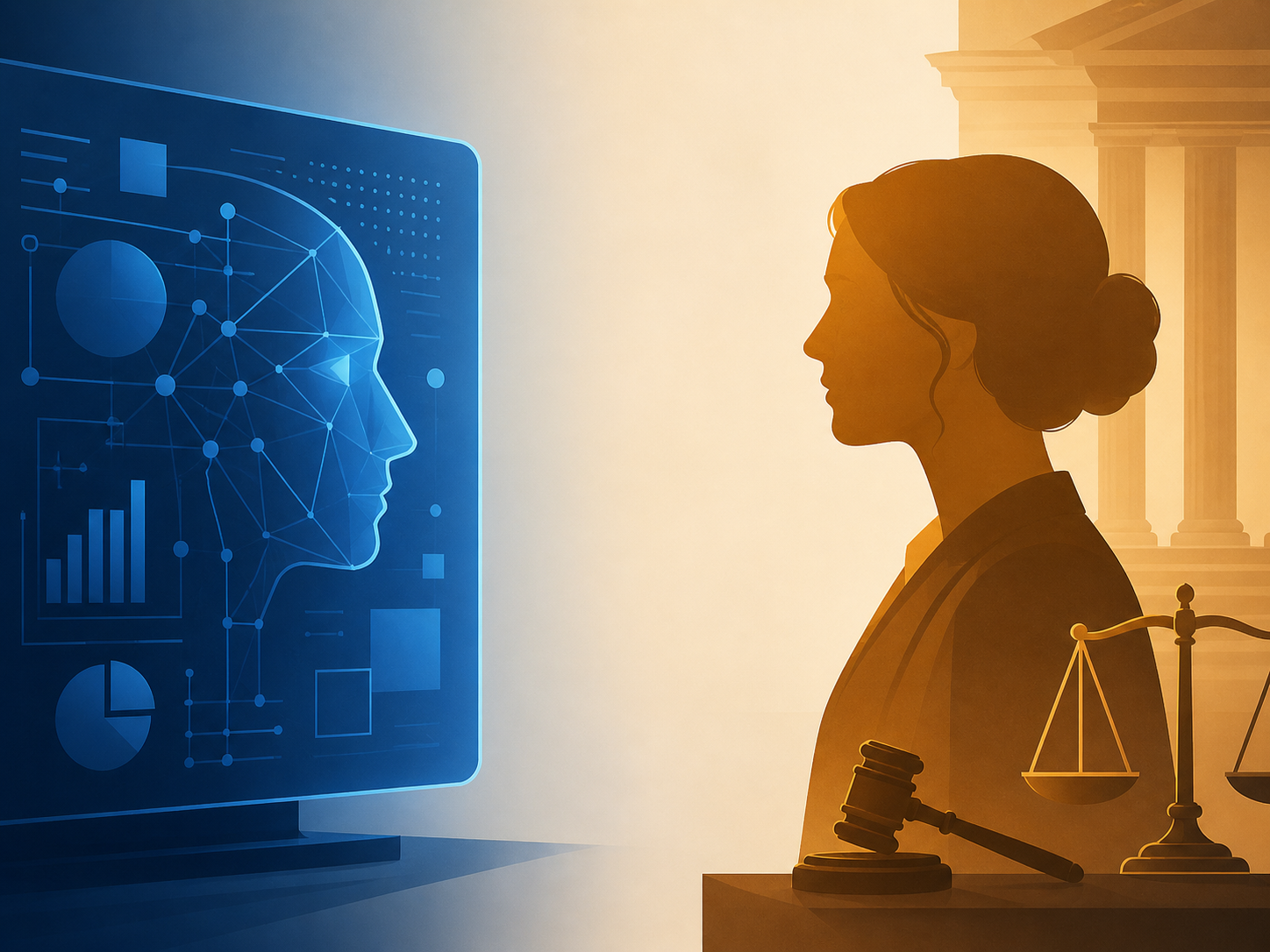 A split illustration showing a glowing blue AI screen with a neural network face on the left facing a warm amber silhouette of a legal professional with a gavel and scales of justice on the right, representing the gap between artificial intelligence and experienced legal judgment.