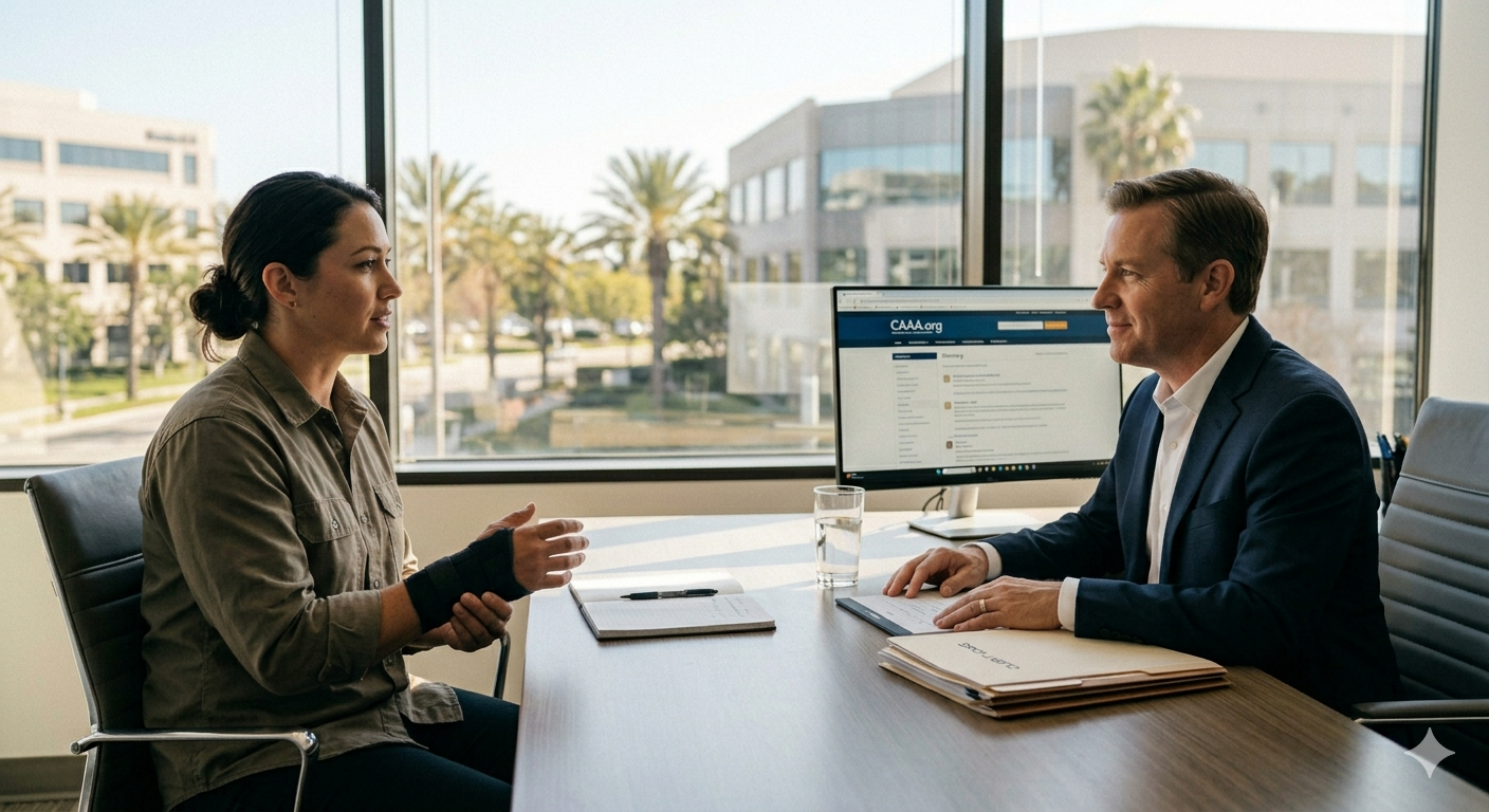Injured worker with a wrist brace consulting with a professional workers' compensation attorney in a sunny Irvine office.